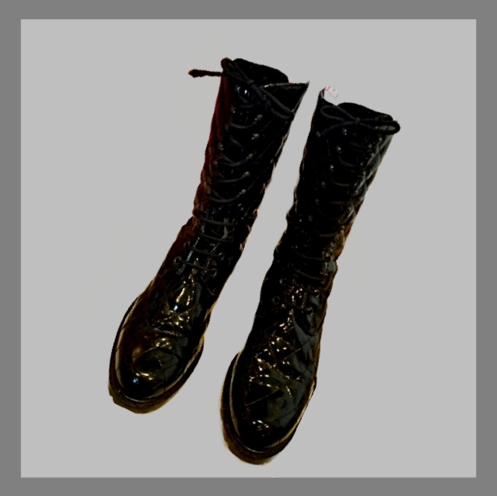 Nouchka Black Patent leather quilted Combat Boots. - Picture 10 of 10